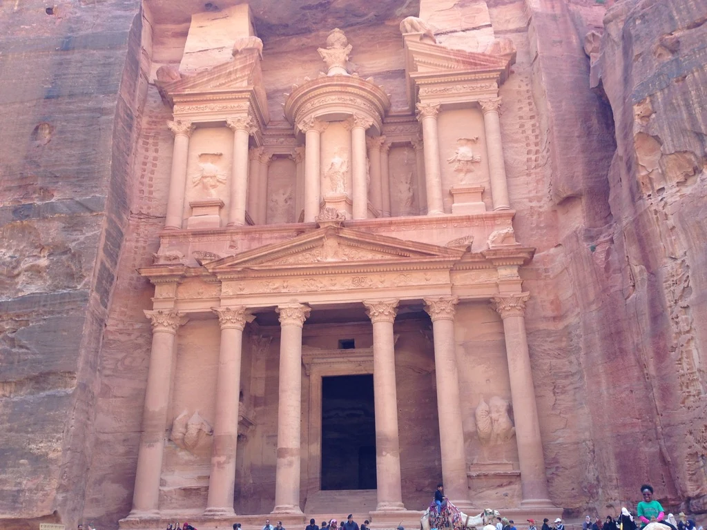 The Treasury at Petra carved into rose-coloured sandstone