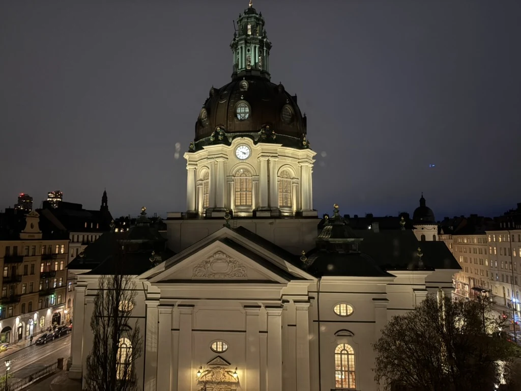 Illuminated architecture in central Stockholm at dusk